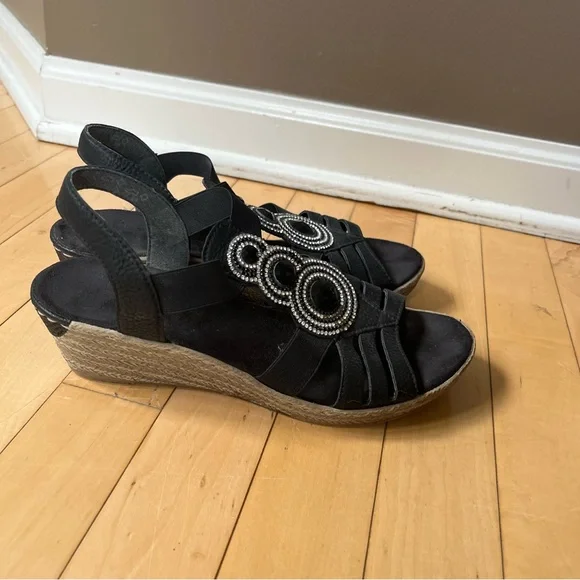 Rieker Wedge Sandals Womens Size 37 EU Shoes Black Slingback Espadrille Leather - Picture 4 of 9